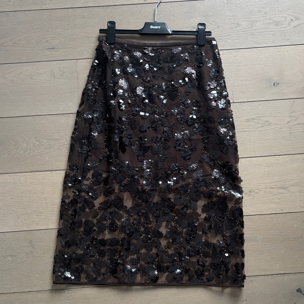 Brown satin and lace embellished skirt